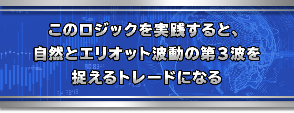 このロジックを実践すると、自然とエリオット波動の第３波を捉えるトレードになる