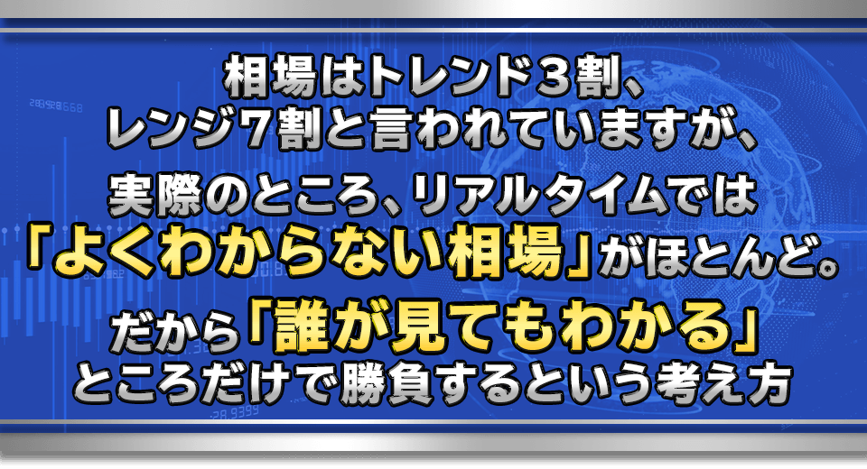 相場はトレンド３割、レンジ７割と言われていますが、
実際のところ、リアルタイムでは「よくわからない相場」がほとんど。
だから「誰が見てもわかる」ところだけで勝負するという考え方