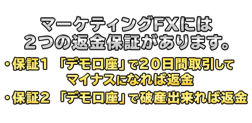マーケティングFXには２つの返金保証があります。
・保証１　「デモ口座」で２０日間取引してマイナスになれば返金
・保証２　「デモ口座」で破産出来れば返金