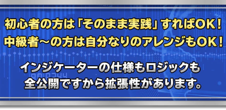 初心者の方は「そのまま実践」すればOK！
　中級者～の方は自分なりのアレンジもOK！インジケーターの仕様もロジックも全公開ですから拡張性があります。
