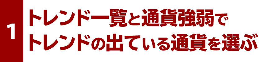 １、トレンド一覧と通貨強弱でトレンドの出ている通貨を選ぶ